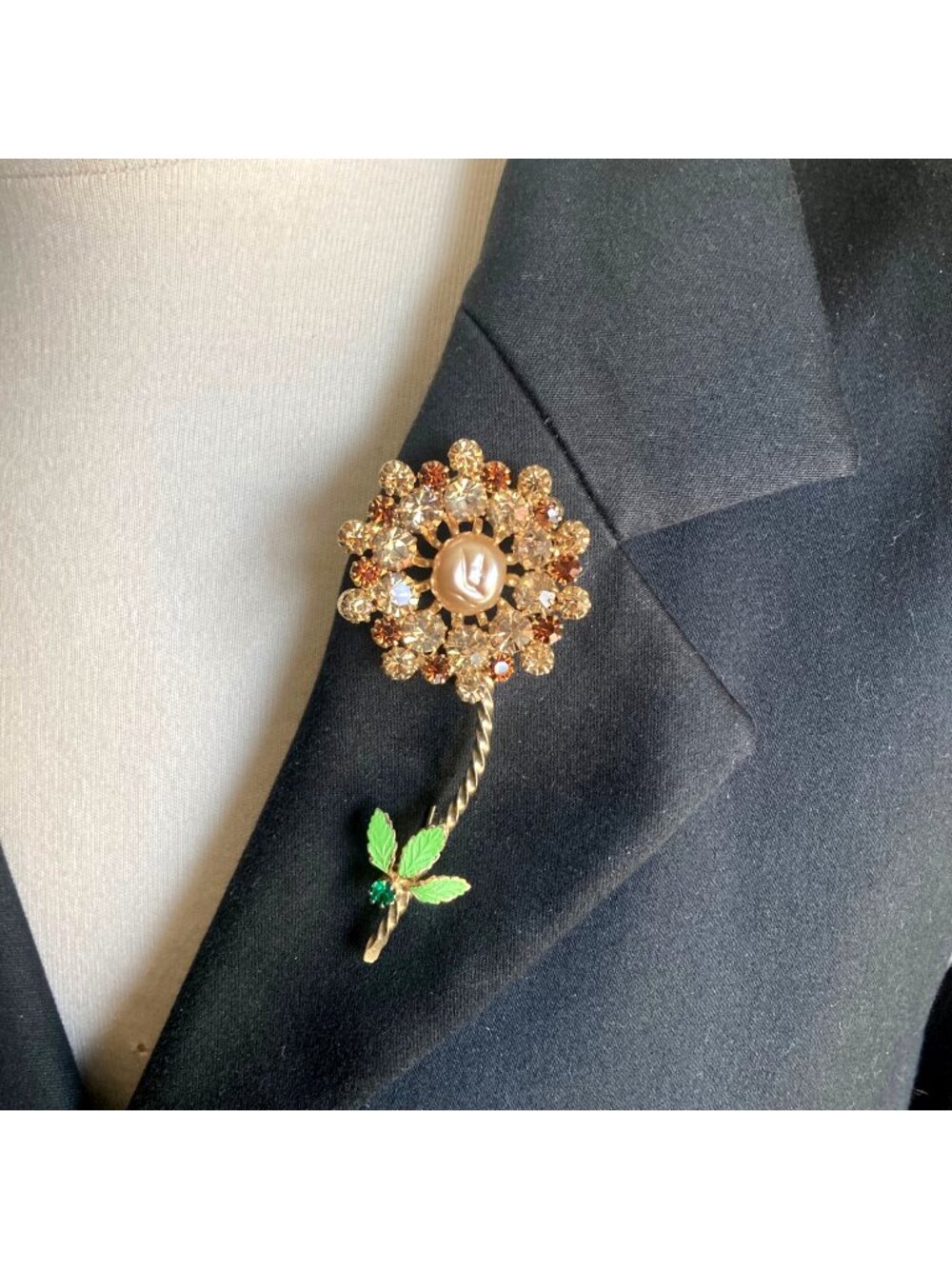 Vintage Gold Tone Floral Brooch Amber Rhinestones Faux Baroque Pearl Center